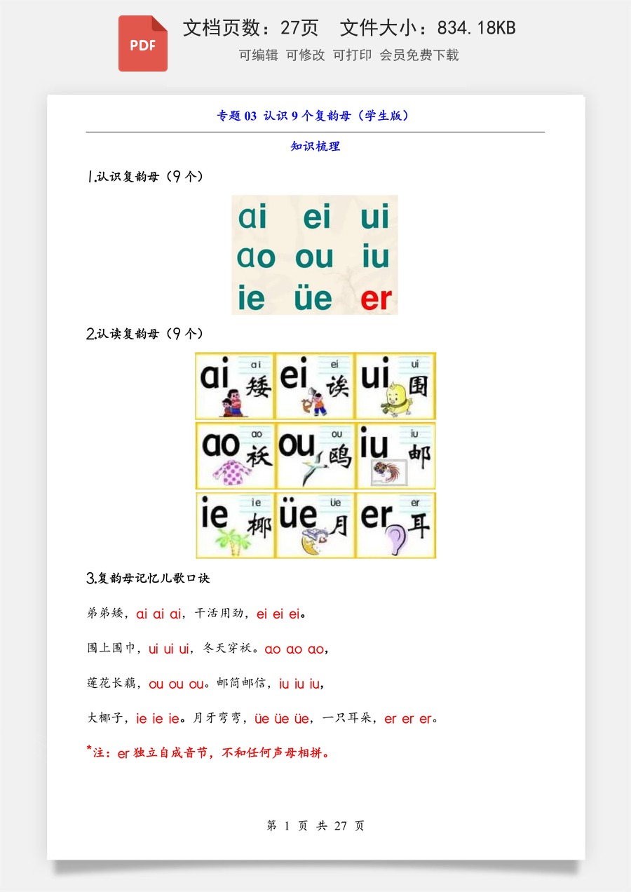 小学-语文-一年级上-专题03 认识9个复韵母（知识+训练）.pdf